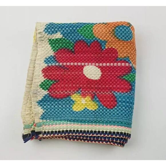 Vintage 70's Flower Power Groovy Rag Throw Rug 44"x24" Granny Core Wall Art Blue - Picture 5 of 12